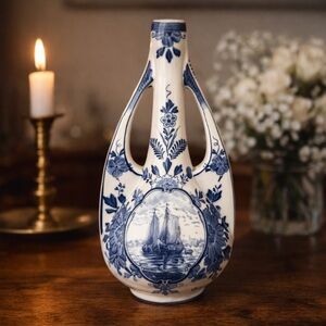 Vintage Delft Blue Pilgrim Bottle Vase 11” Dutch Sailing Ship Medallion
